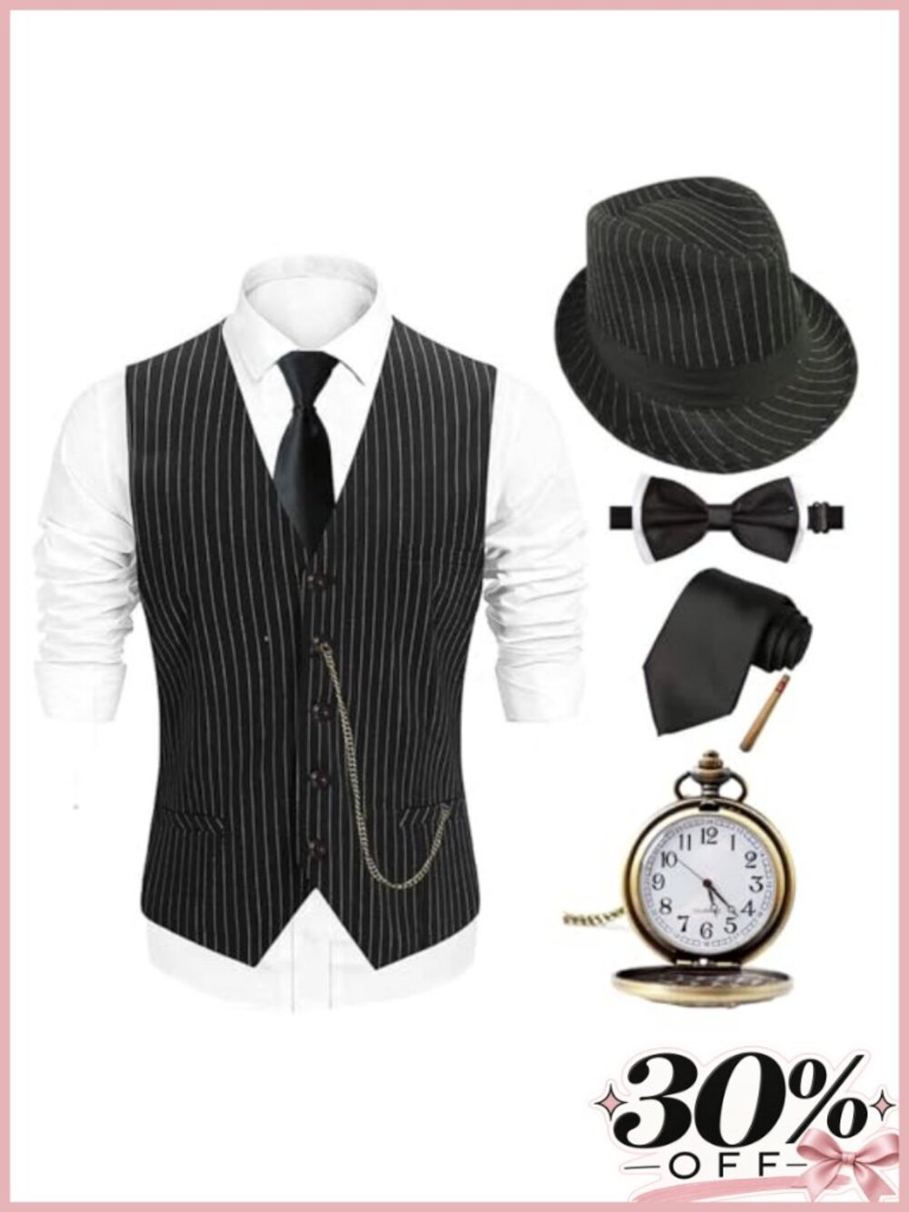 1920s Mens Gangster Costume Set Fedora Vest Pocket Watch Bow Tie Adult XL